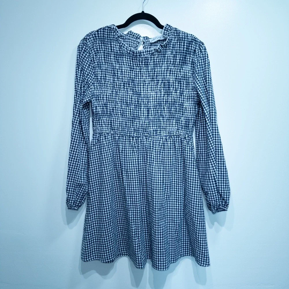 Petal & Pup Navy Blue‎ Gingham Jessen Long Sleeve Mini Dress Large